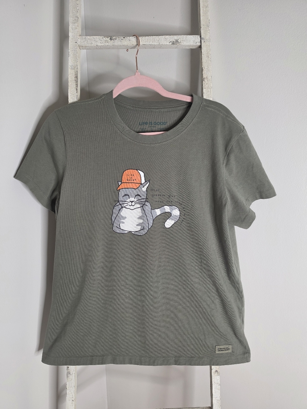 Life Is Good Women's Large Short Sleeve Crusher Tee Cat Green 100% Cotton